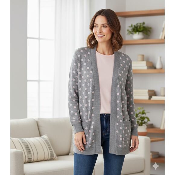 Isaac Mizrahi Live! QVC Women Medium Gray & Pink Polka Dot Open Cardigan Sweater - Picture 1 of 6